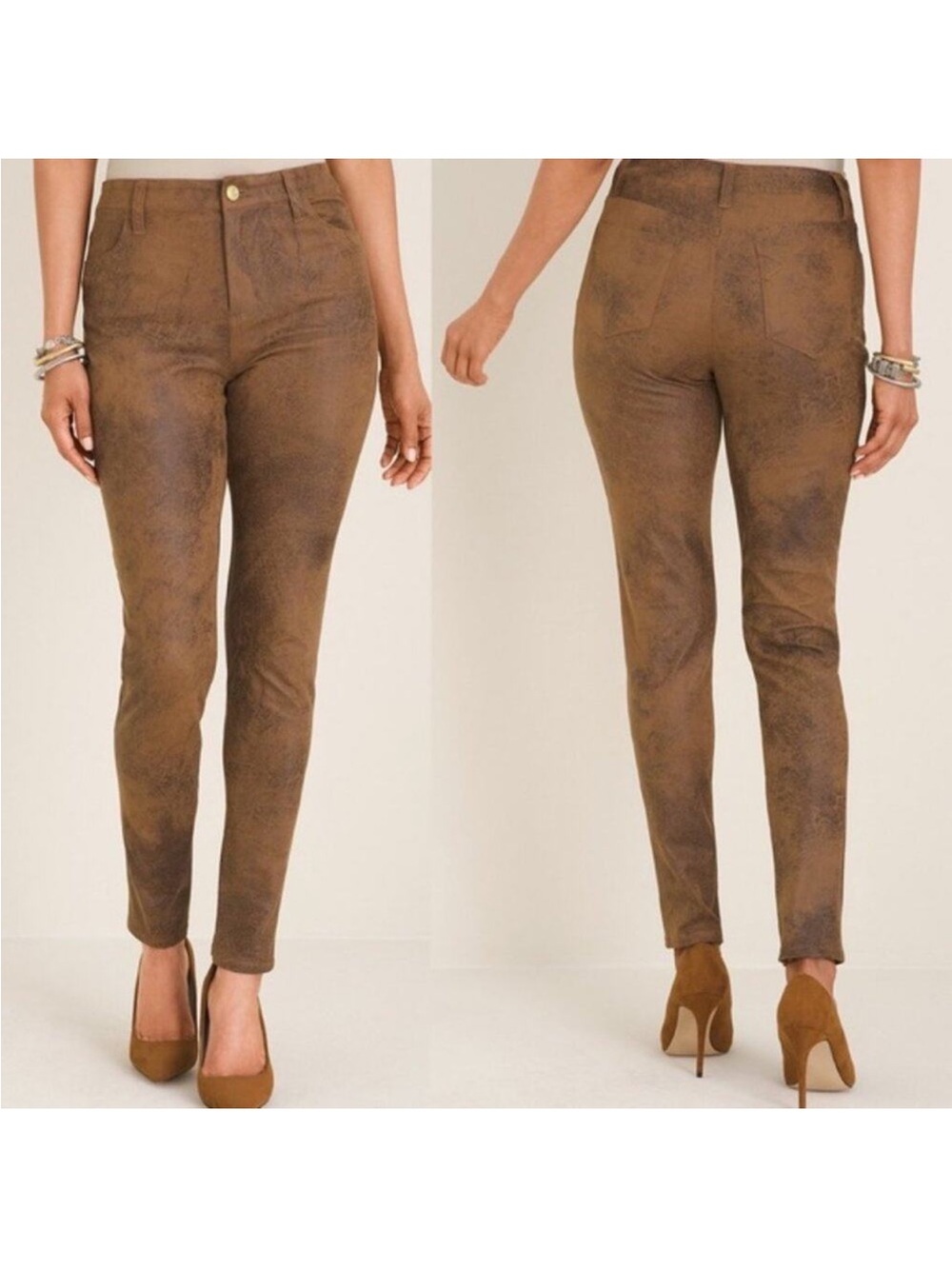 Chico's Faux-Suede Worn Luggage Slim Pants Brown Size 6P NEW